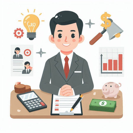 Businessman sitting at his desk. Vector illustration of a businessman working in office.のイラスト素材