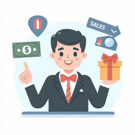 Businessman with gift and money. Vector illustration in a flat style.のイラスト素材