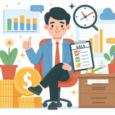Businessman sitting on office chair and showing thumbs up. Vector illustrationのイラスト素材