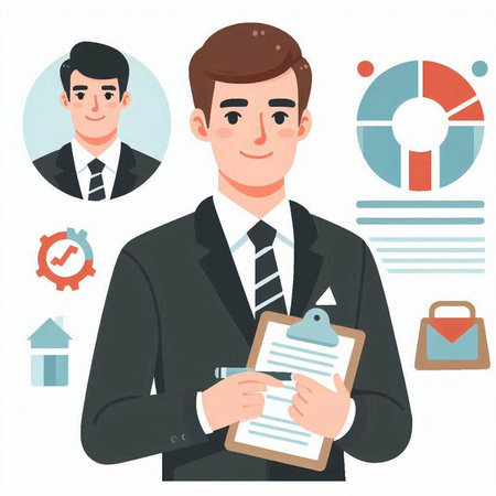 Businessman holding clipboard with checklist. Vector illustration in flat style.のイラスト素材