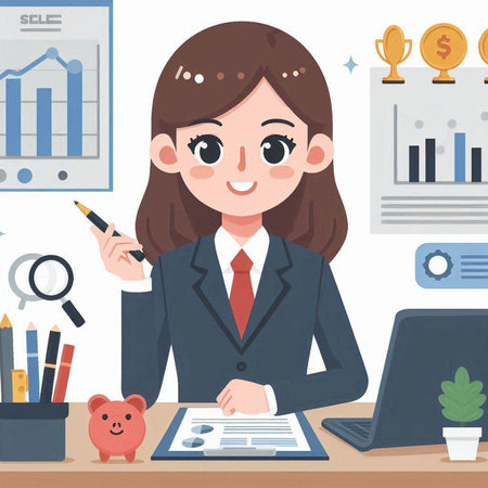 Business woman working at the office with a piggy bank, vector illustrationのイラスト素材
