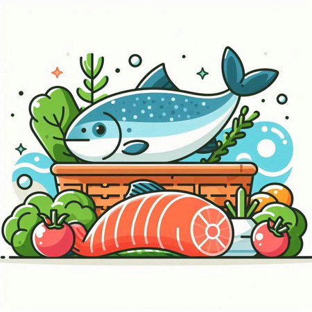 Illustration of a Fish in a Basket with Vegetables.のイラスト素材