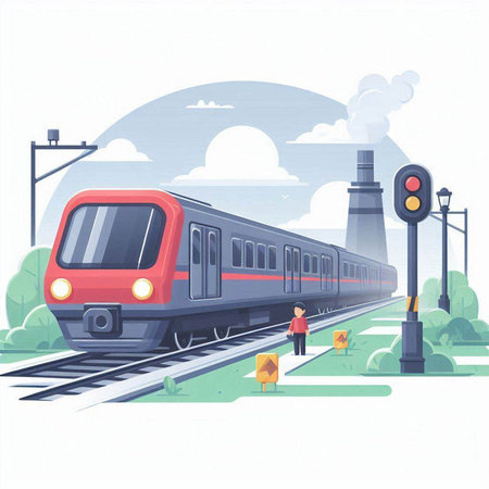 Train on the railway station. Vector illustration in flat cartoon style.のイラスト素材