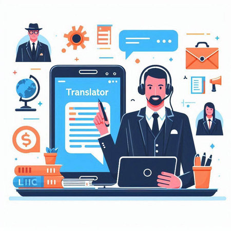 Vector illustration of support service concept. Businessman with headset and laptop.のイラスト素材