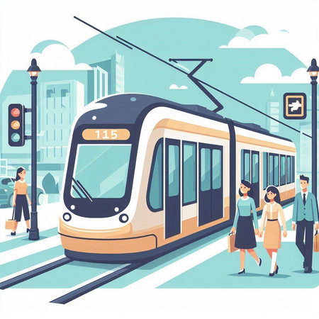 Subway train with passengers on the background of the city. Vector illustrationのイラスト素材