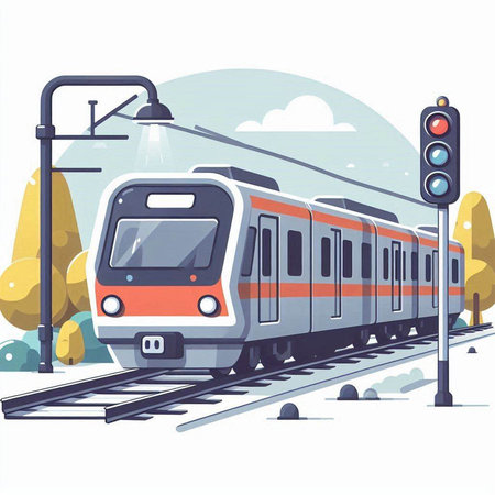 Train on the railway station. Vector illustration in flat cartoon style.のイラスト素材