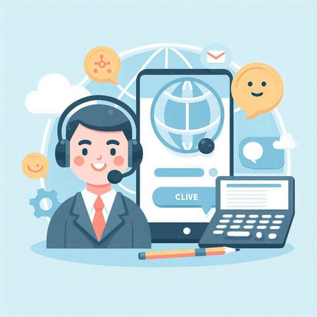 Call center concept. Vector illustration in flat design style. Man with headset and mobile phone.のイラスト素材