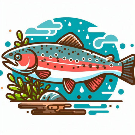 Illustration of a rainbow trout in the water. Vector illustration.のイラスト素材