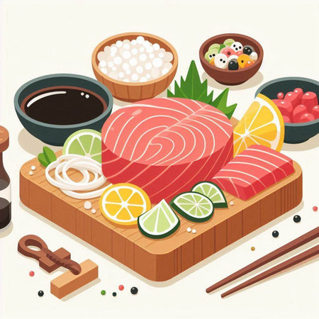 Illustration of a Japanese food set with tuna, rice, vegetables and chopsticksのイラスト素材