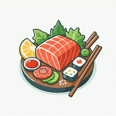Illustration of Japanese food, sushi and rolls. Vector illustration.のイラスト素材