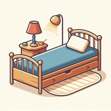 Illustration of a wooden bed with a lamp and a bedside tableのイラスト素材