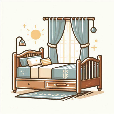 Vector illustration of a bed with a canopy and a bedside tableのイラスト素材
