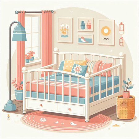 Illustration of a baby room in pastel colors. Vector illustrationのイラスト素材