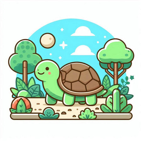 Cute cartoon turtle in the forest. Vector illustration, flat designのイラスト素材