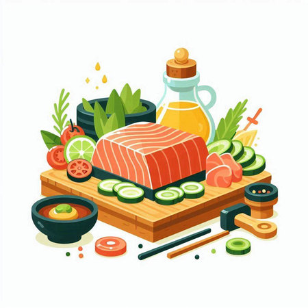 Salmon steak with vegetables, herbs and sauce. Vector illustration in flat styleのイラスト素材