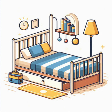 Vector illustration of a children's bedroom with a bed and a lamp.のイラスト素材