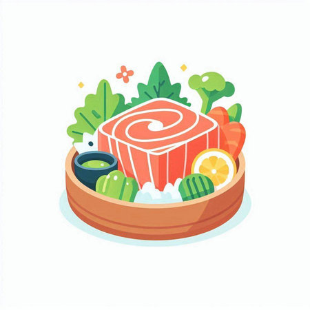 Japanese food. Sushi in a wooden plate. Vector illustration.のイラスト素材