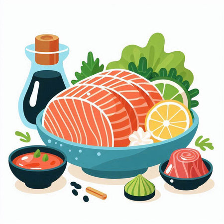 Salmon steak with sauce and ingredients. Vector illustration in flat styleのイラスト素材
