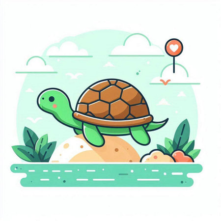 Cute cartoon turtle on the seashore. Vector illustration.のイラスト素材