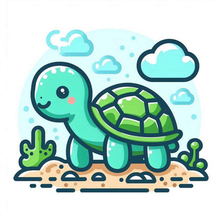 Cute cartoon turtle on the beach. Vector illustration in a flat style.のイラスト素材