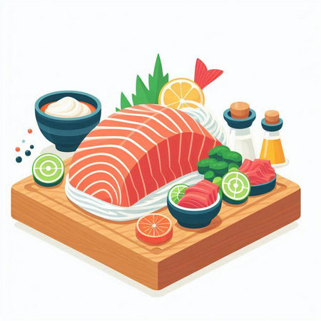 Illustration of Salmon Sashimi Set on a White Background.のイラスト素材
