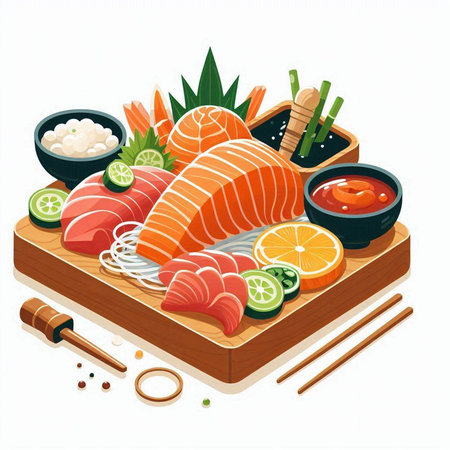Illustration of Salmon Sashimi with Sashimi and Vegetablesのイラスト素材
