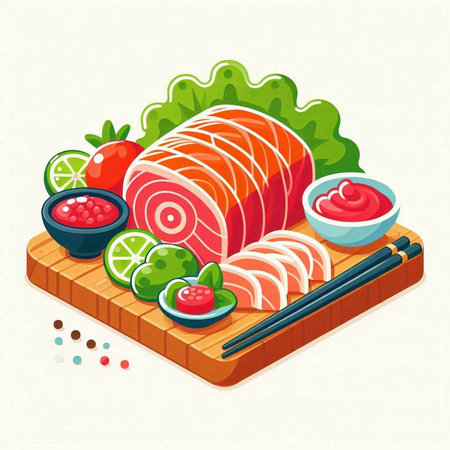 Sushi roll with salmon and vegetables on wooden board. Vector illustrationのイラスト素材