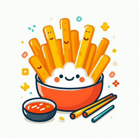 Cute kawaii french fries with sauce. Vector illustration.のイラスト素材