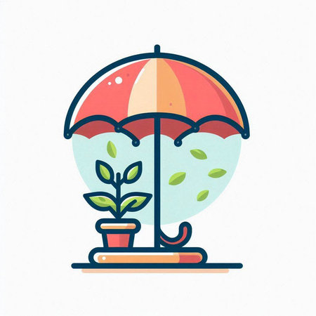 Umbrella with plant in pot icon isolated on white background. Flat style vector illustration.のイラスト素材