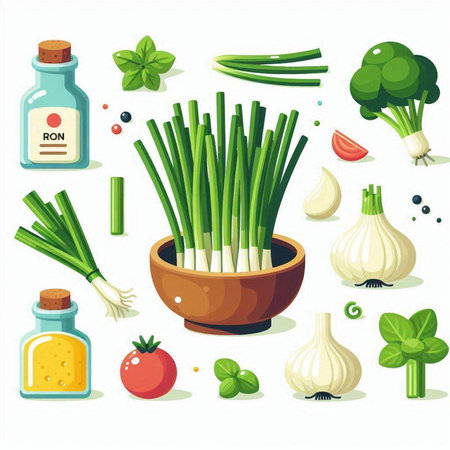 Green onion, garlic, tomato, oregano, oregano, parsley, basil, olive oil, spices. Vector illustrationのイラスト素材