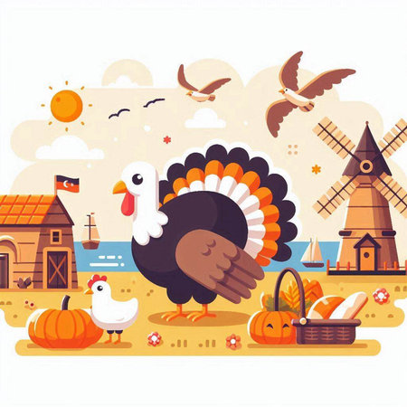 Thanksgiving day vector illustration. Flat cartoon style design with turkey, pumpkins, windmill, bird, windmill.のイラスト素材