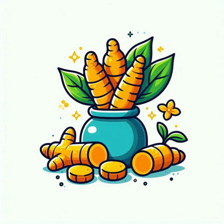 Turmeric root with leaves in a ceramic pot. Vector illustration.のイラスト素材