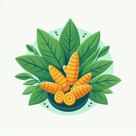 Turmeric vector illustration. Turmeric plant, root and leaves.のイラスト素材