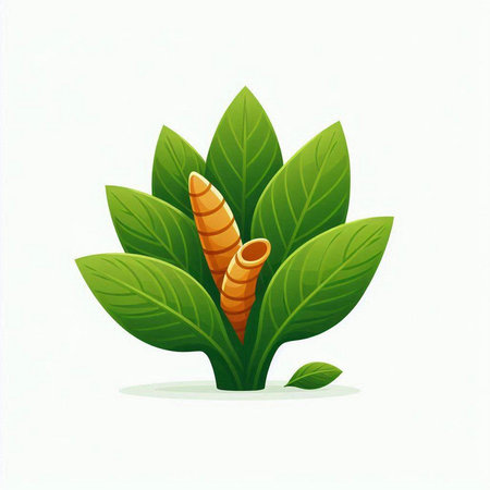 Illustration of green leaves with a worm on a white background.のイラスト素材