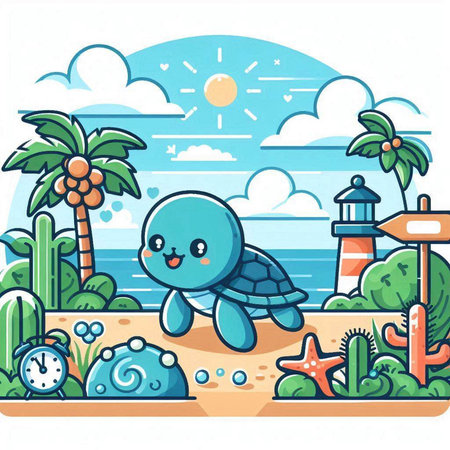 Cute cartoon turtle on the beach with palms. Vector illustration.のイラスト素材