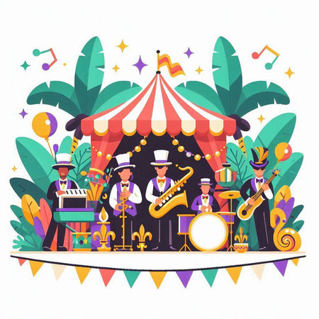 Circus performance flat vector illustration. Musicians playing musical instruments, trumpet, saxophone, flute, accordioncas.のイラスト素材