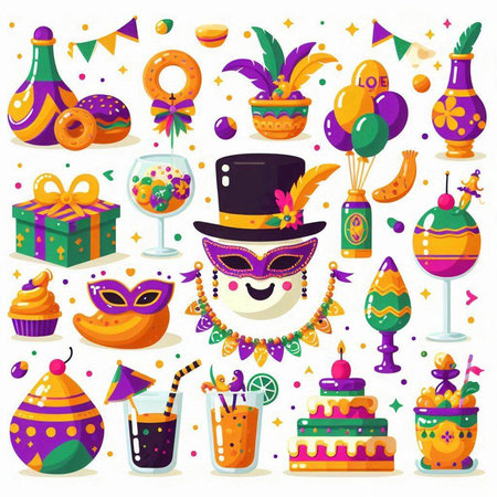 Mardi gras party icons set, flat style vector illustration.のイラスト素材