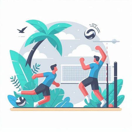 Volleyball players on the beach. Flat style vector illustration.のイラスト素材