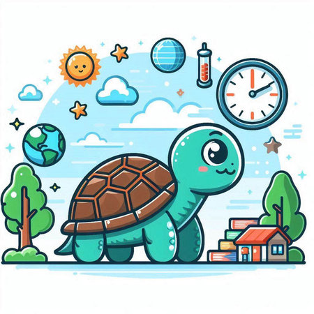 Cute cartoon turtle with different icons. Vector illustration in thin line style.のイラスト素材