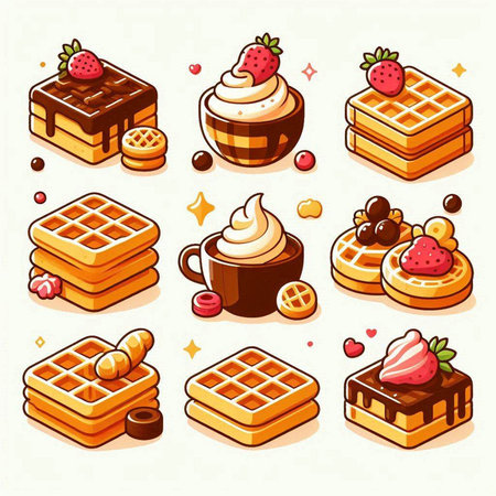 Set of vector illustrations of waffles with berries, chocolate and creamのイラスト素材