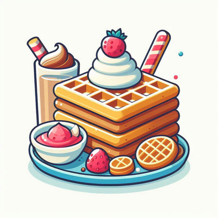 Vector illustration of waffles with ice cream, strawberries and whipped creamのイラスト素材