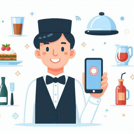 Restaurant waiter with a smartphone. Vector illustration in flat styleのイラスト素材