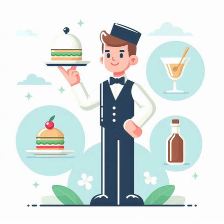 Waiter with a tray of food. Vector illustration in flat styleのイラスト素材