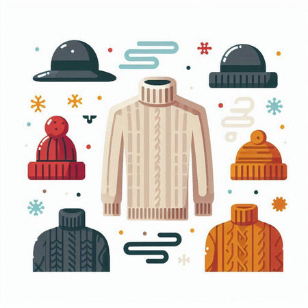 Vector illustration of winter clothes. Knitted sweater, hat, scarf.のイラスト素材