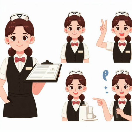 Cute waitress character set with various facial expressions and hairstyle.のイラスト素材