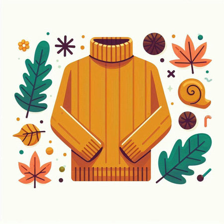 Autumn season card with knitted sweater and leaves. Vector illustration.のイラスト素材