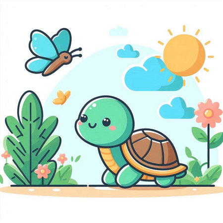Cute turtle and butterfly on the meadow. Vector illustration.のイラスト素材