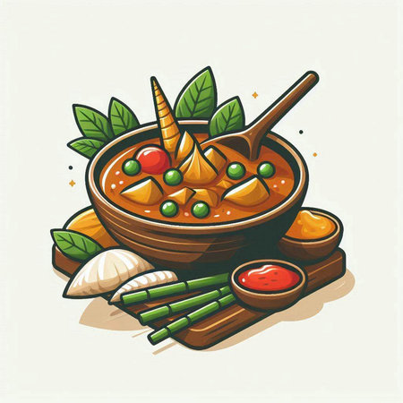 Illustration of a bowl of spicy curry with chopsticks and vegetablesのイラスト素材