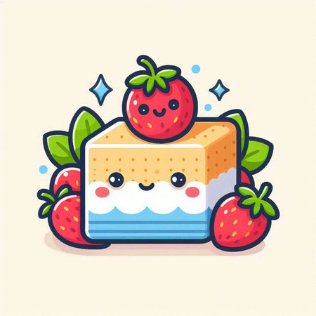 Cute Strawberry Cake Cartoon Mascot Character Vector Icon Illustrationのイラスト素材