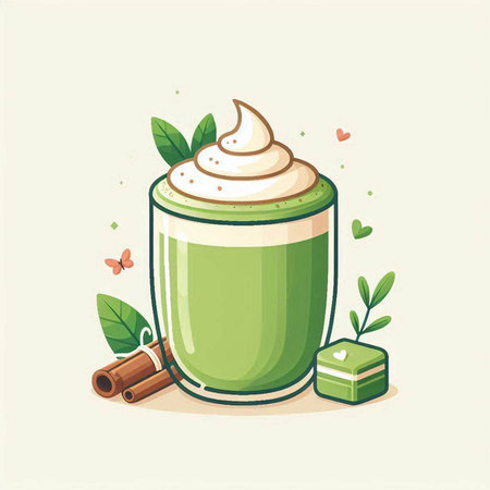 Green tea latte with whipped cream and cinnamon. Vector illustration.のイラスト素材